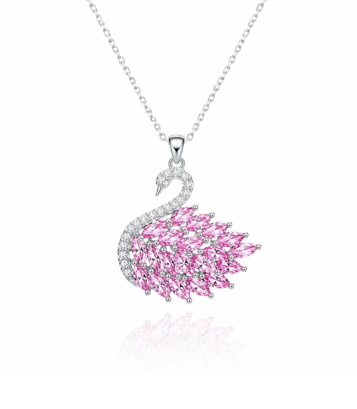 Pembe Taşlı Kuğu Figürlü Silver Paslanmaz Çelik Kolye