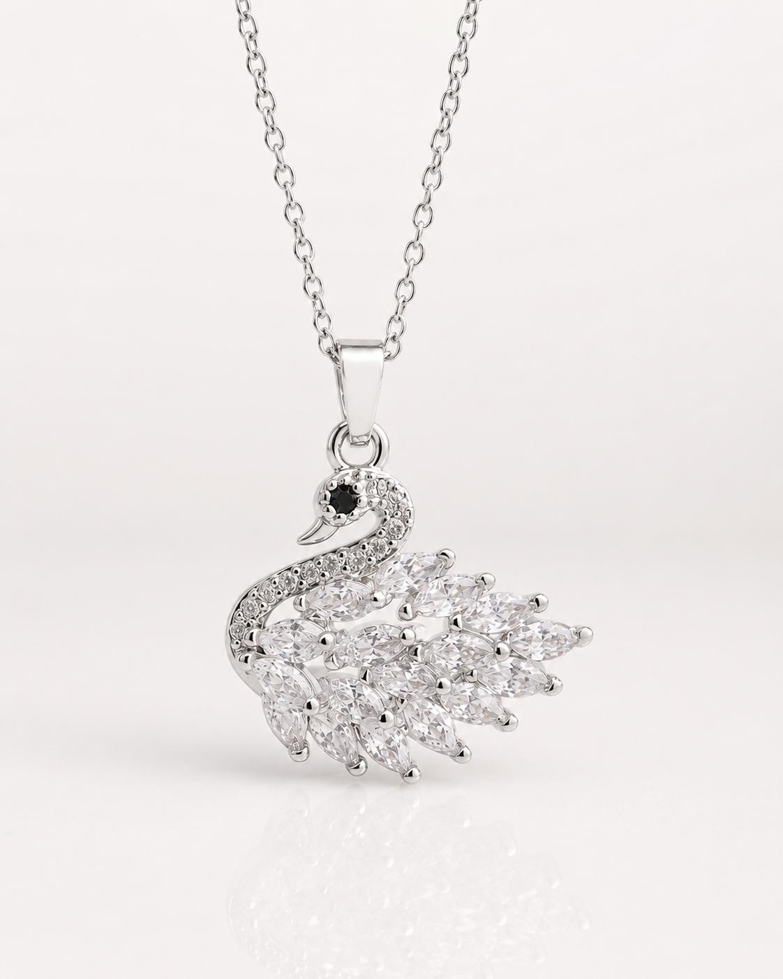 Kuğu Figürlü Zirkon Taşlı Silver Paslanmaz Çelik Kolye | ECHOSE