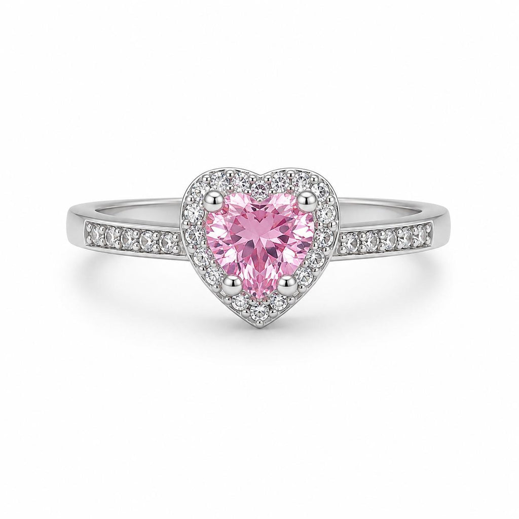Kalp Figürlü Pembe Zirkon Taşlı Silver Paslanmaz Çelik Yüzük | ECHOSE