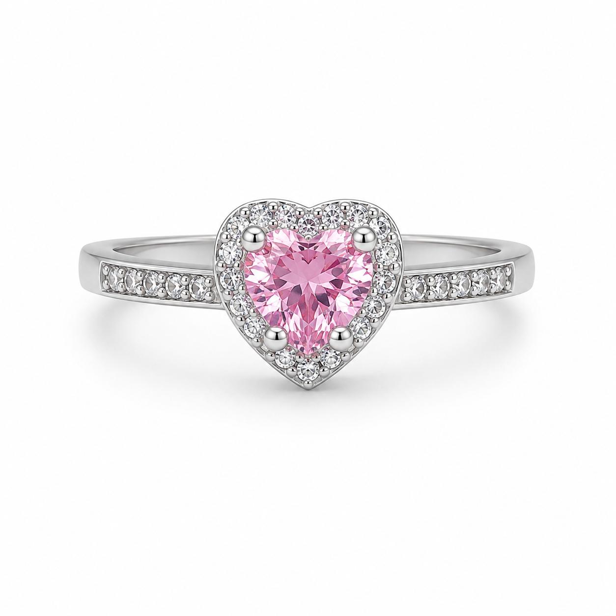 Kalp Figürlü Pembe Zirkon Taşlı Silver Paslanmaz Çelik Yüzük | ECHOSE