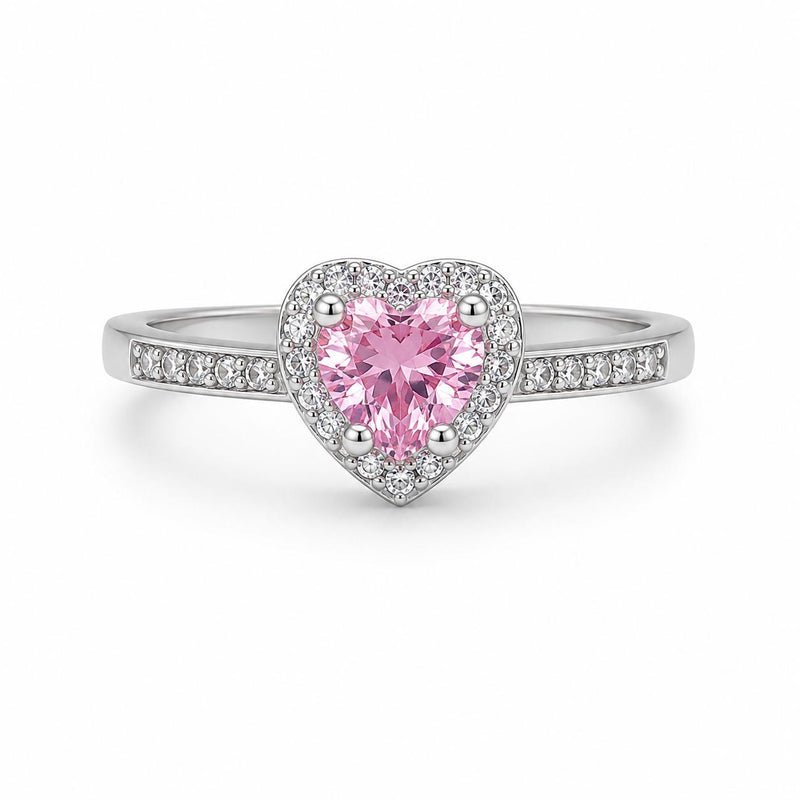Kalp Figürlü Pembe Zirkon Taşlı Silver Paslanmaz Çelik Yüzük | ECHOSE