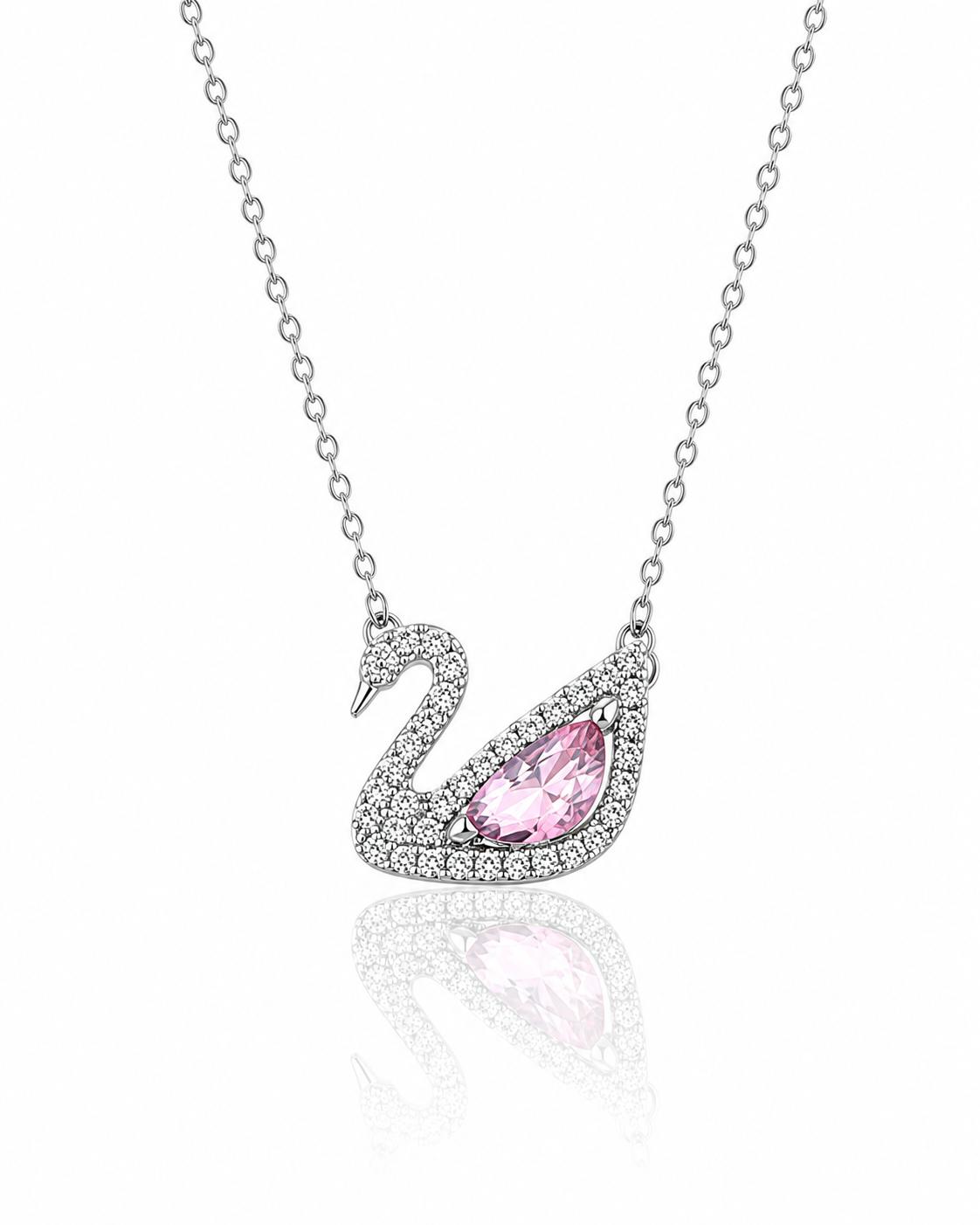 Minimal Kuğu Figürlü Pembe Zirkon Taşlı Silver Paslanmaz Çelik Kolye | ECHOSE