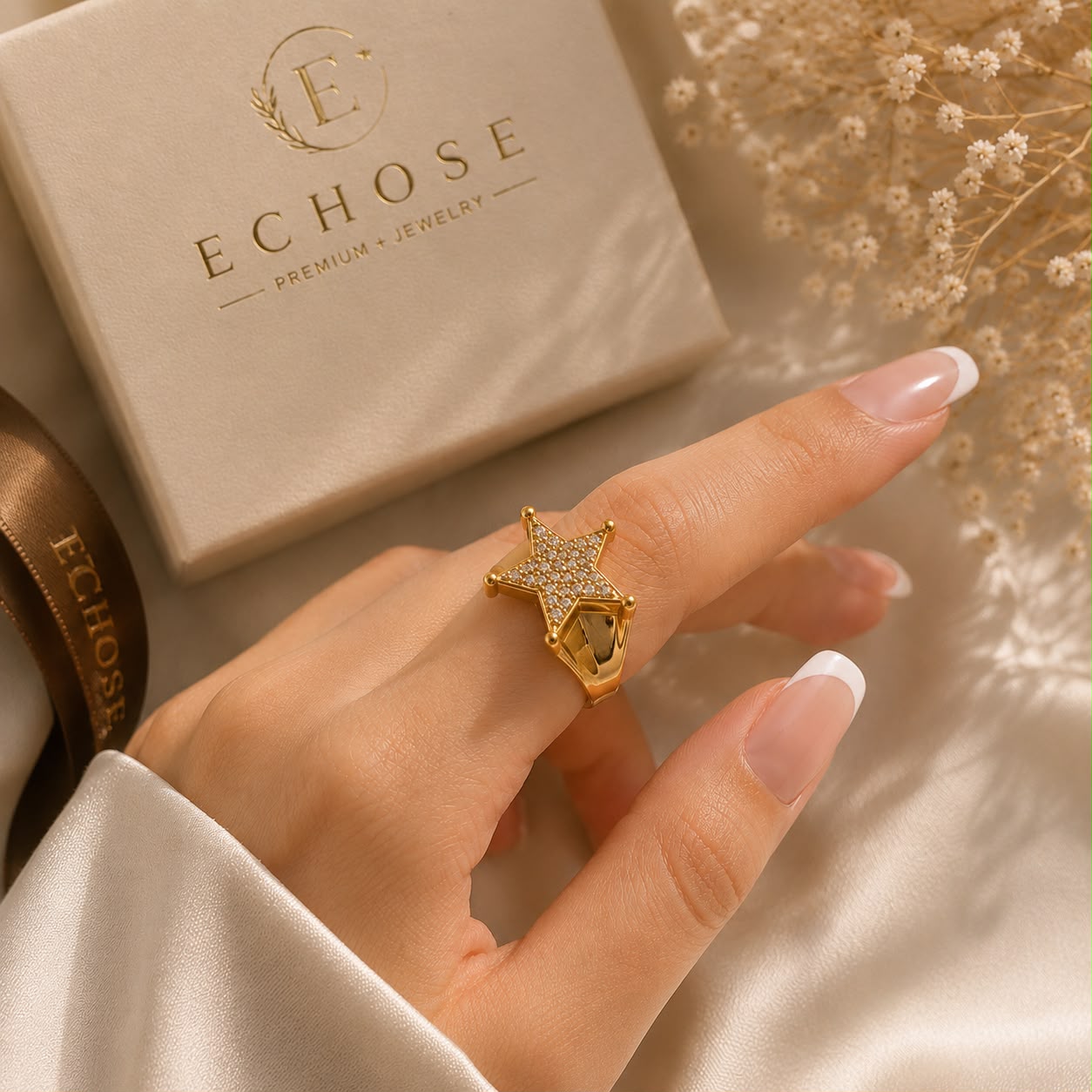 Yıldız Figürlü Gold Ayarlanabilir Paslanmaz Çelik Yüzük | ECHOSE