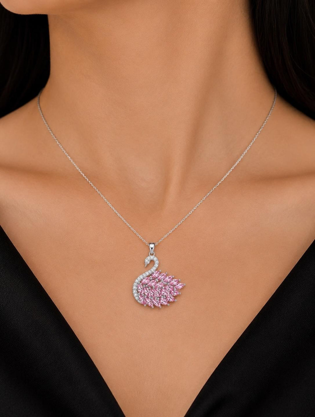 Pembe Taşlı Kuğu Figürlü Silver Paslanmaz Çelik Kolye