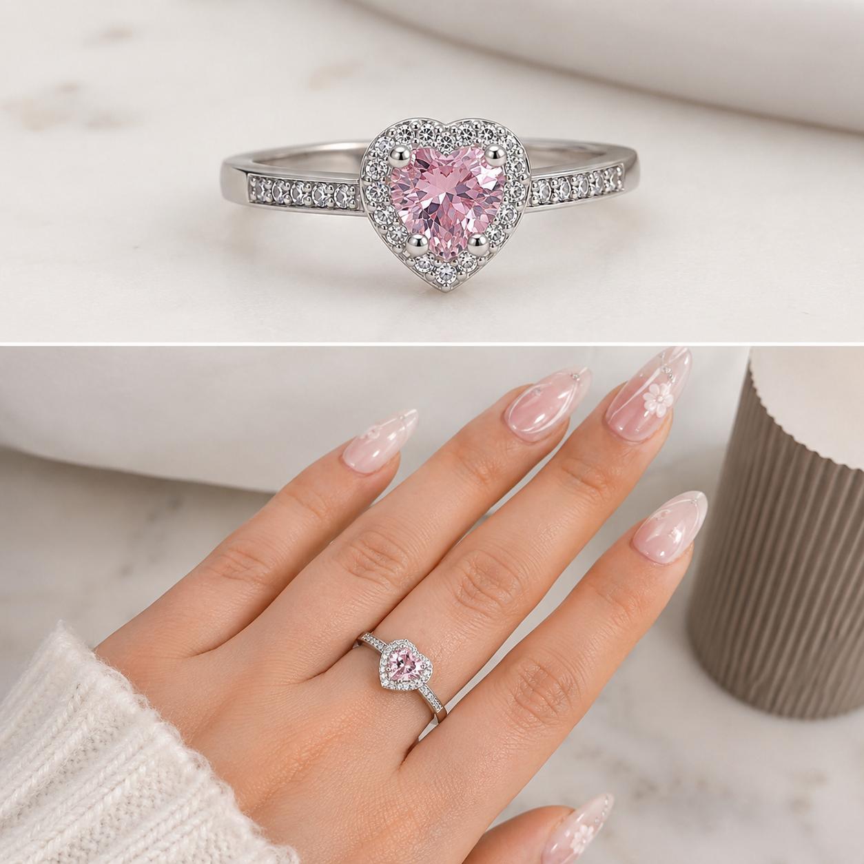 Kalp Figürlü Pembe Zirkon Taşlı Silver Paslanmaz Çelik Yüzük | ECHOSE
