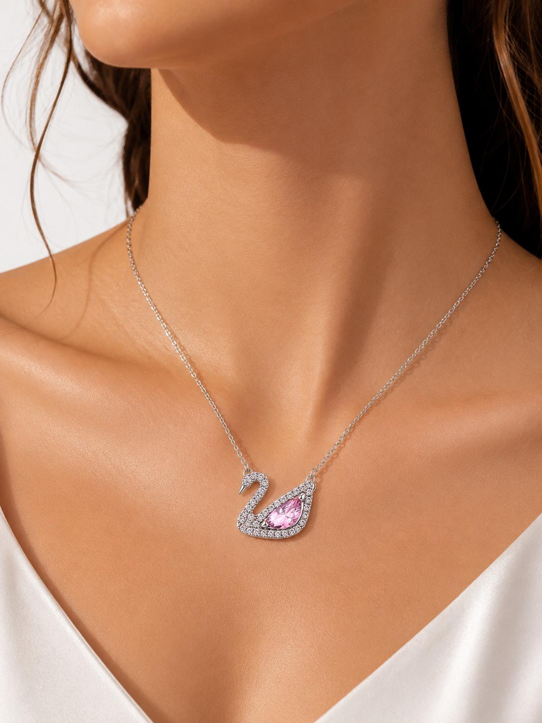 Minimal Kuğu Figürlü Pembe Zirkon Taşlı Silver Paslanmaz Çelik Kolye | ECHOSE