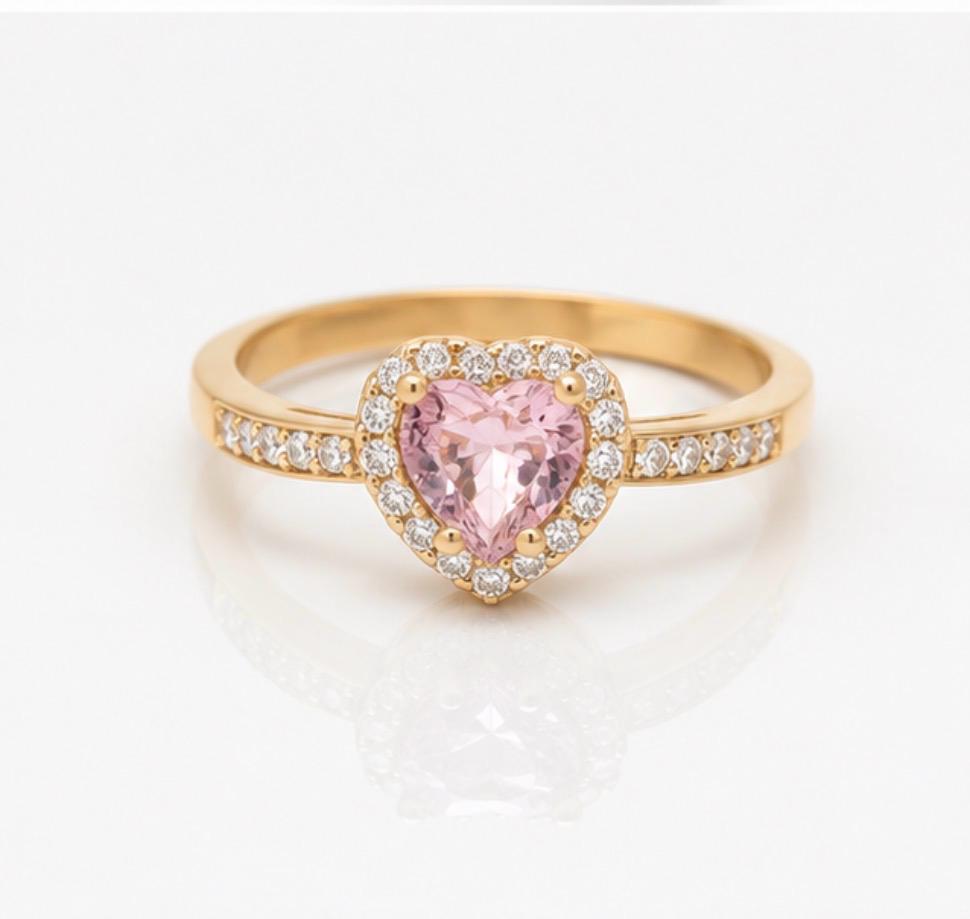 Pembe Kalp Taşlı Gold Paslanmaz Çelik Yüzük | ECHOSE