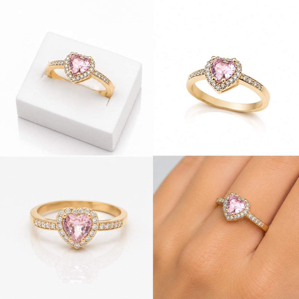 Pembe Kalp Taşlı Gold Paslanmaz Çelik Yüzük | ECHOSE