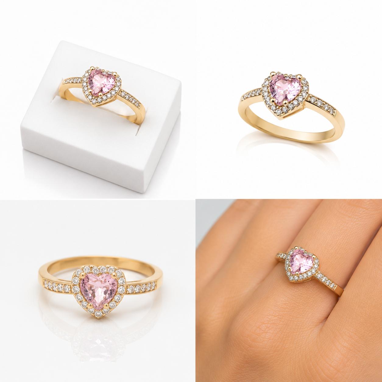 Pembe Kalp Taşlı Gold Paslanmaz Çelik Yüzük | ECHOSE